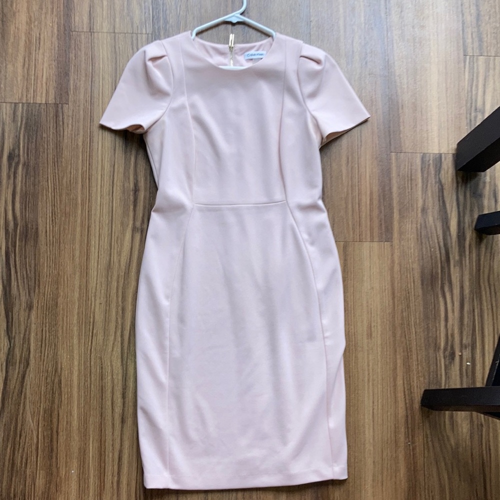 Calvin Klein Pink Sheath Midi Dress with Puff Sleeves
